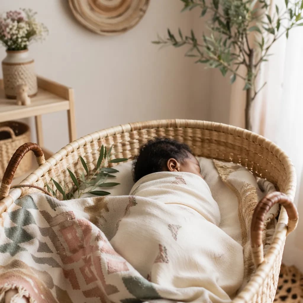 Ethiopian baby sleeping in a cozy pastel nursery with soft natural light.