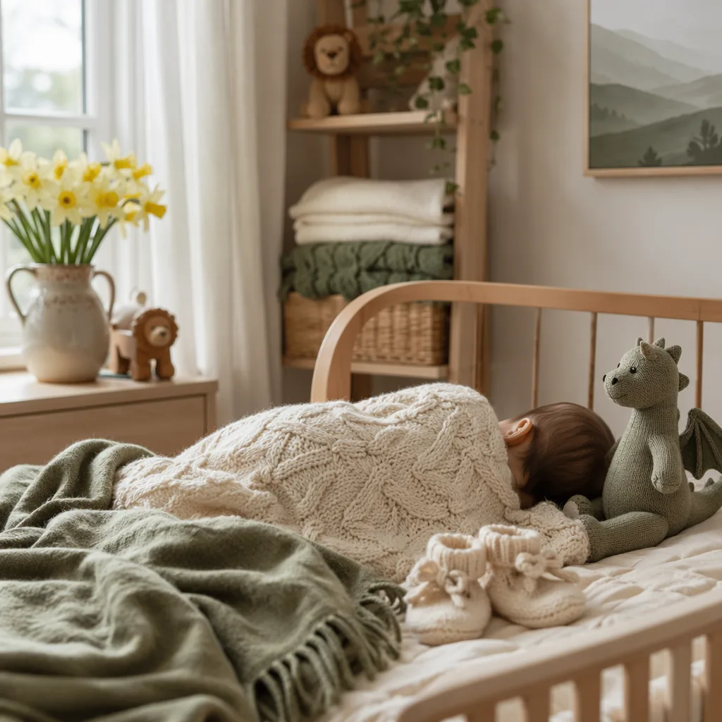 A cozy Welsh-inspired nursery with a sleeping baby, daffodils, a plush dragon, and soft pastel decor.