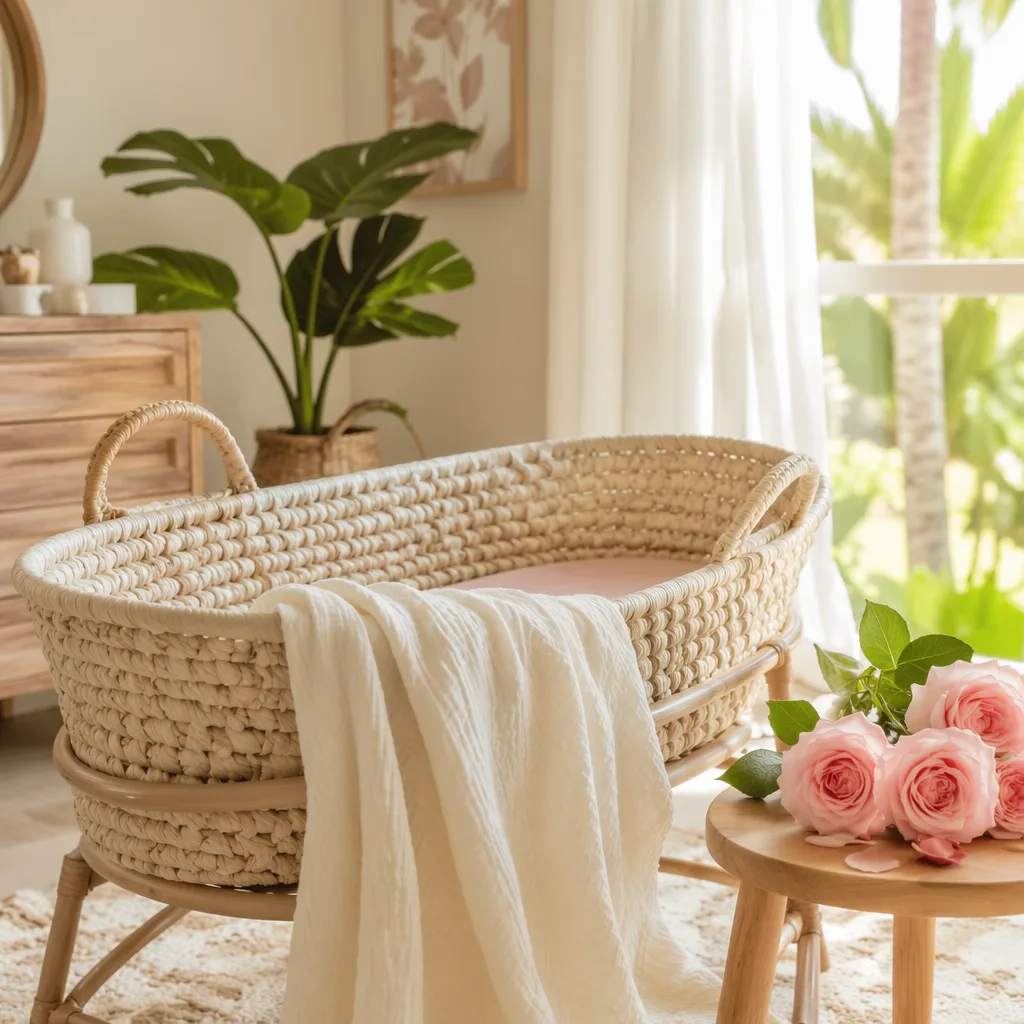 Soft Hawaiian-inspired nursery with a bassinet, pastel roses, and gentle sunlight.