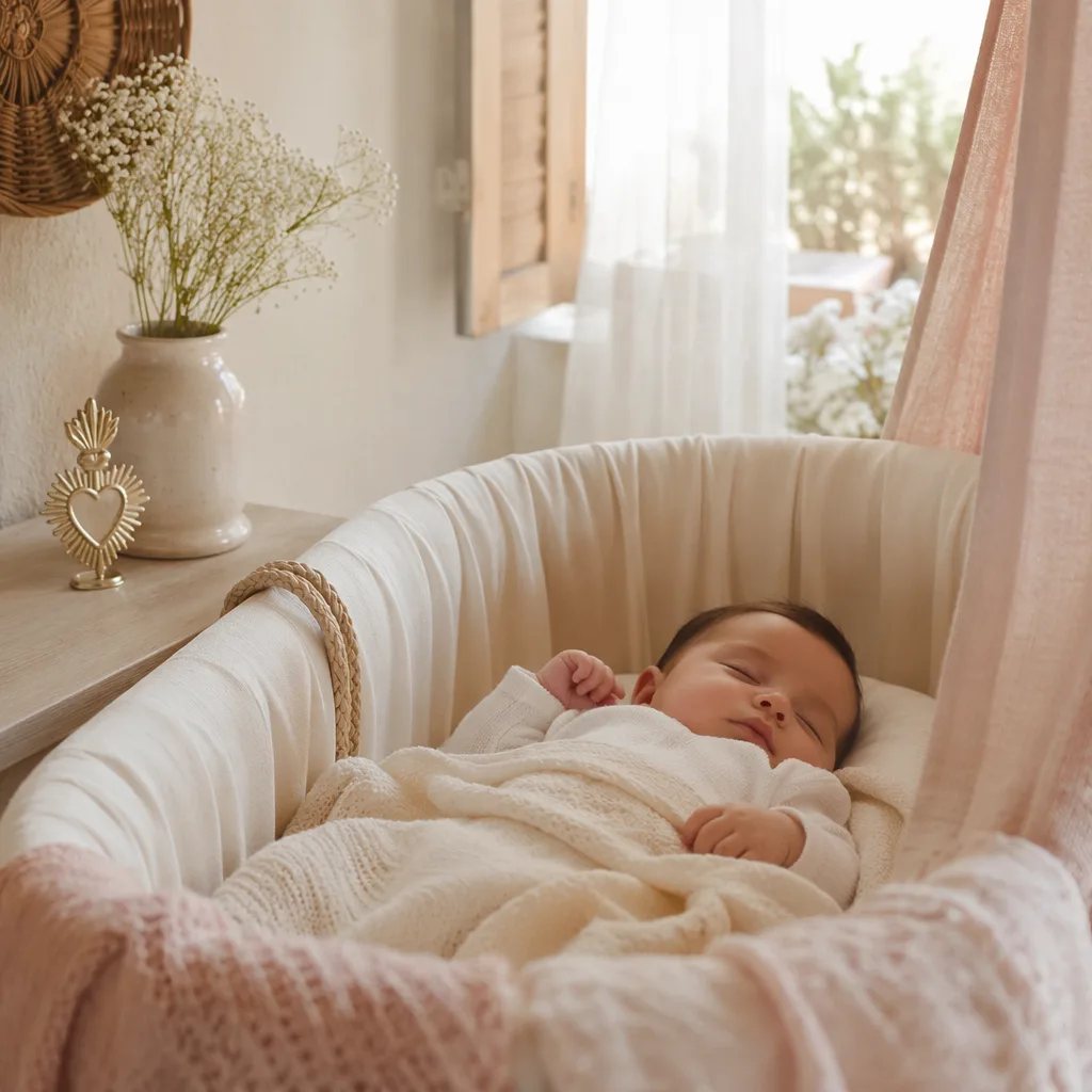 Sleeping baby in a warm pastel Spanish-inspired nursery with soft natural light.