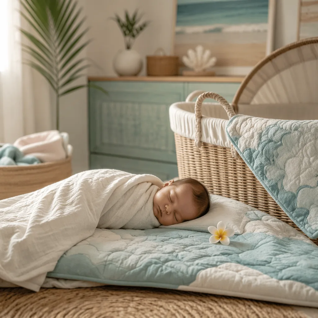 Soft Hawaiian-inspired nursery with a swaddled sleeping baby, plumeria, palm leaf, and ocean-toned accents.