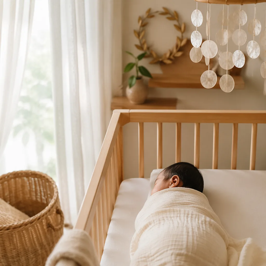 Filipino baby sleeping in a warm pastel nursery with woven accents and a laurel motif.