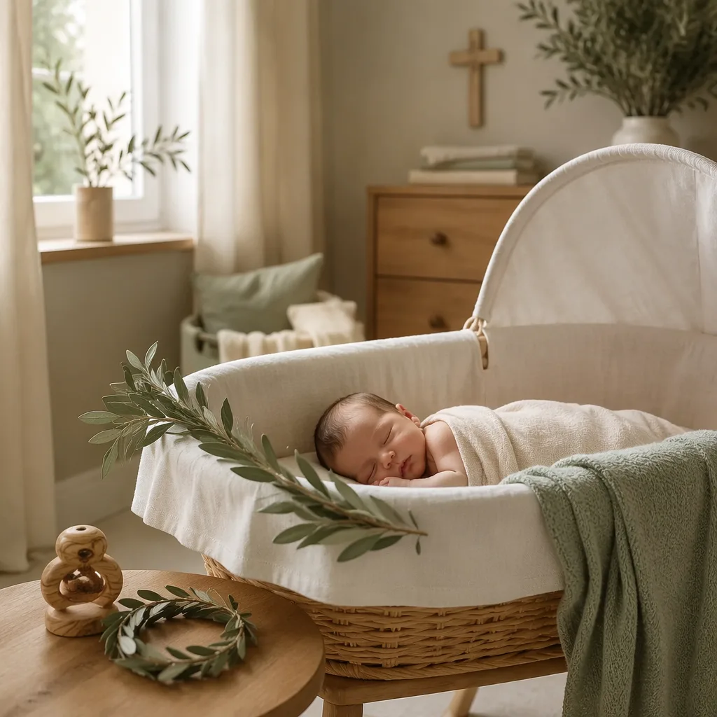 A peaceful Italian-inspired nursery with a sleeping baby, soft linens, and a delicate laurel accent.