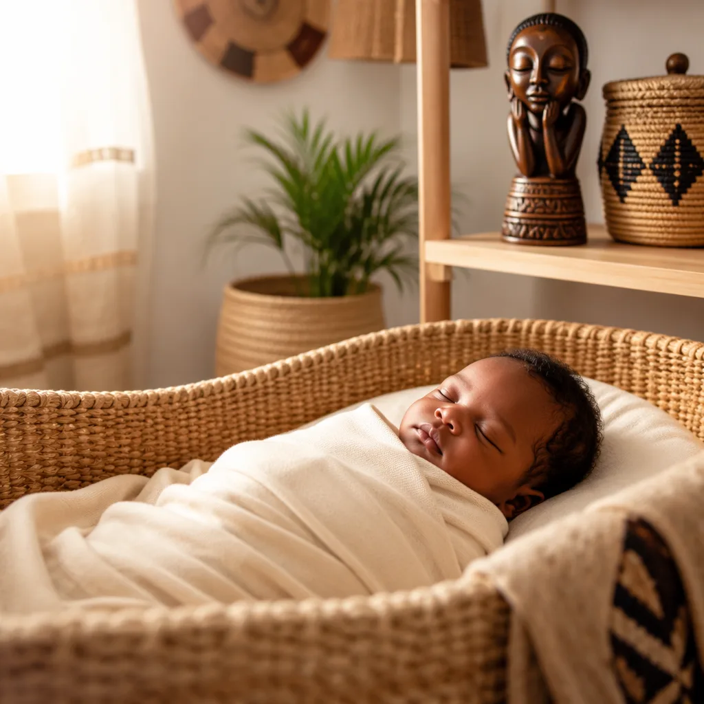 Sleeping newborn in a warm pastel nursery with subtle Igbo-inspired woven details.