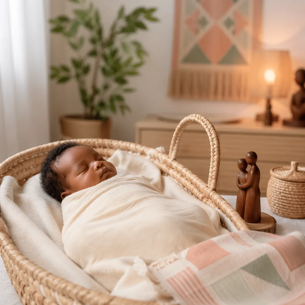 Sleeping Igbo baby in a warm pastel nursery with woven keepsakes.
