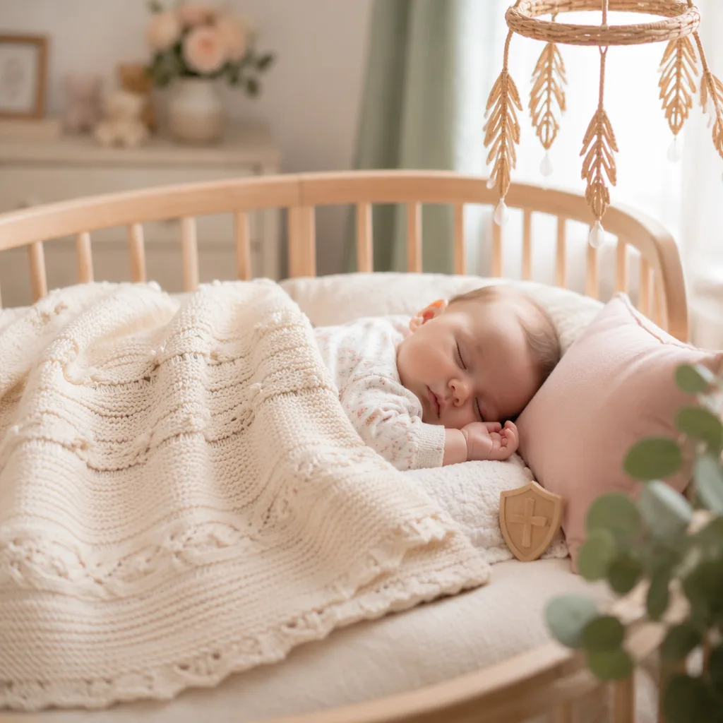 Sleeping baby in a soft pastel nursery with gentle symbolic details for Louisa Bridget.
