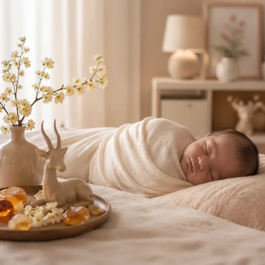 A peaceful pastel nursery with a swaddled baby, florals, amber accents, and a gazelle figurine.