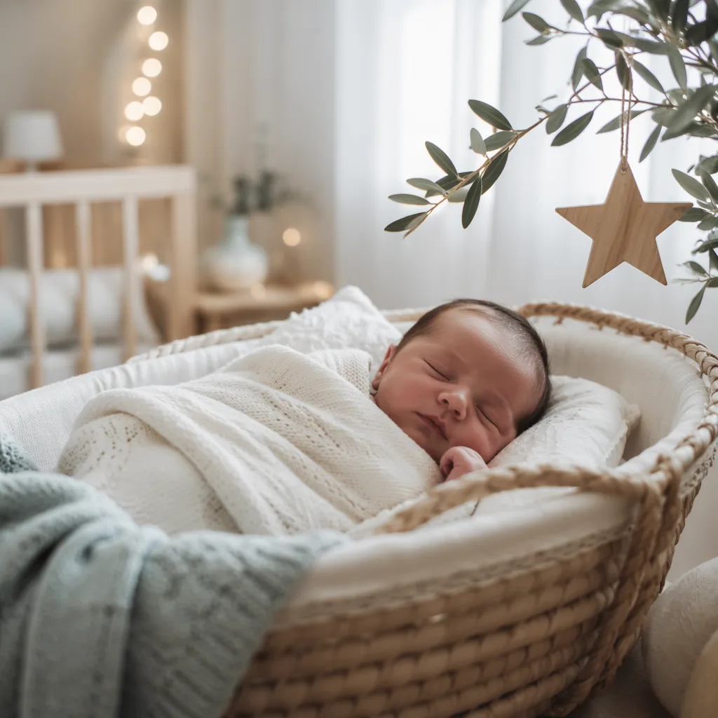 Sleeping newborn in a soft pastel Spanish-inspired nursery with gentle natural light.