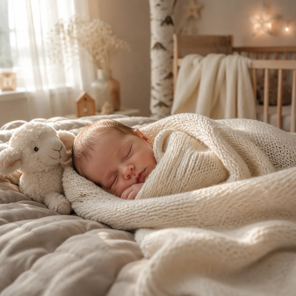 Sleeping baby in a soft Scandinavian nursery with warm natural light