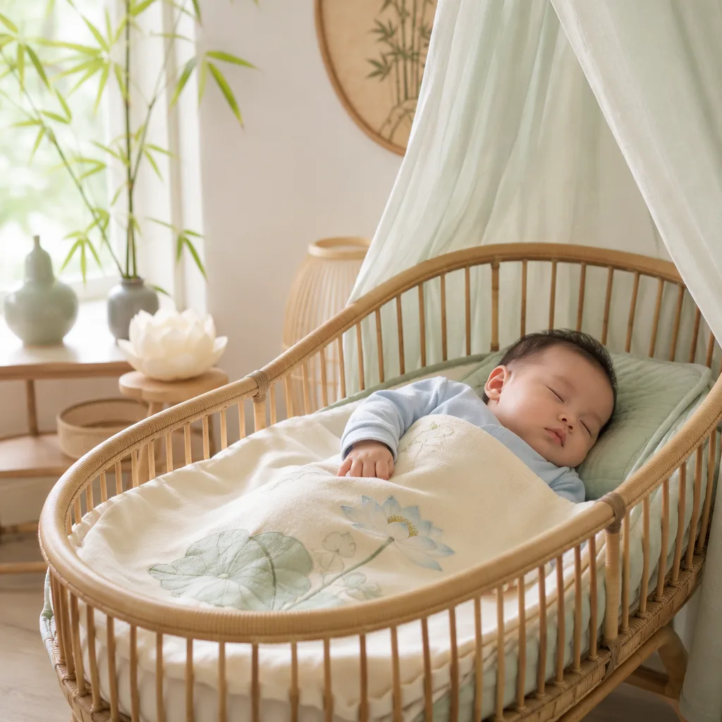 Sleeping Vietnamese baby in a soft pastel nursery with bamboo and lotus details.