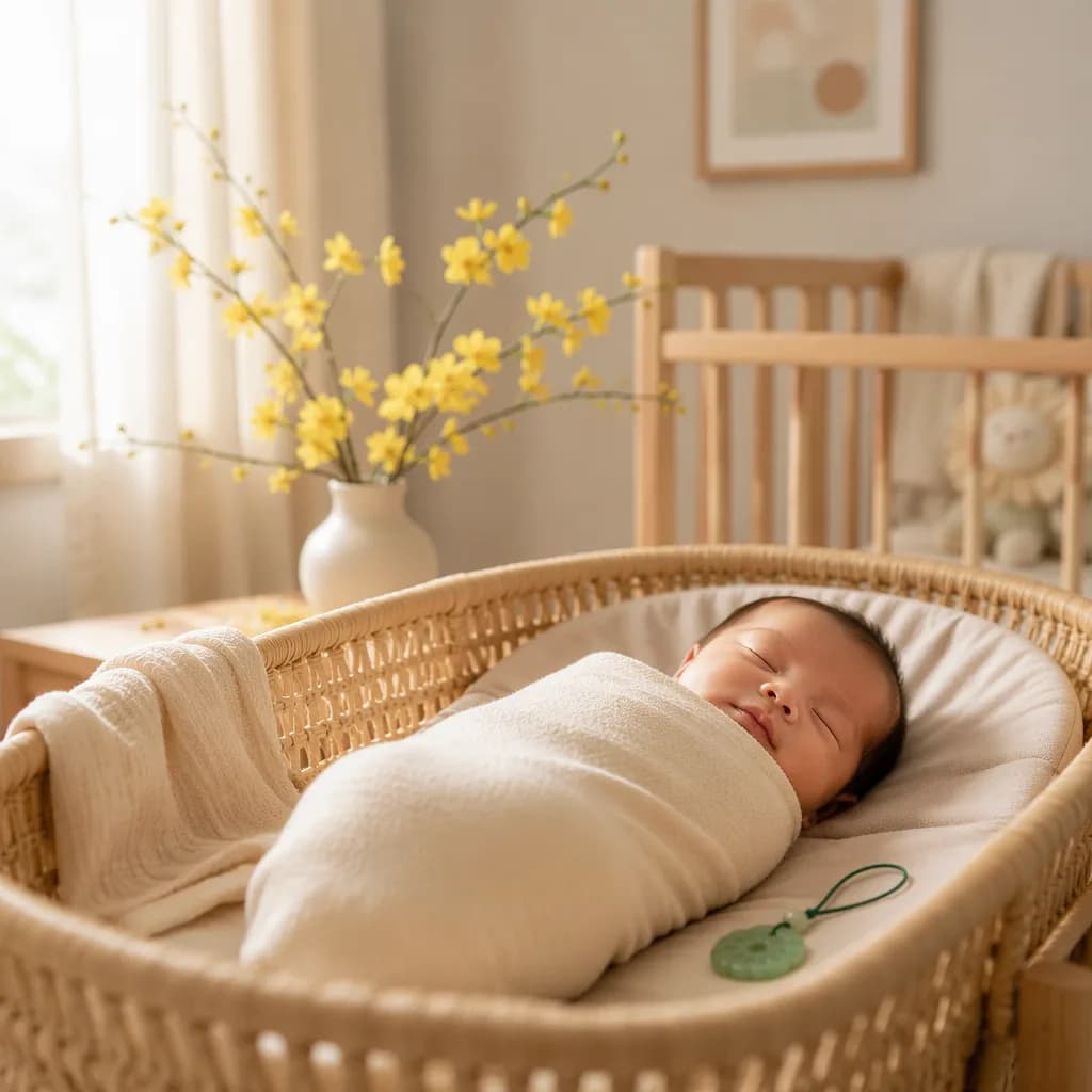 Peaceful Vietnamese-inspired nursery with a swaddled baby, jade keepsake, and yellow mai blossoms.