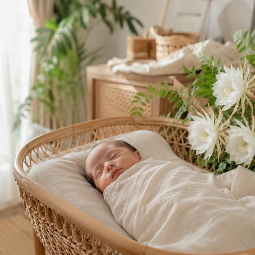 Sleeping Vietnamese newborn in a soft pastel nursery with delicate white quỳnh flowers.