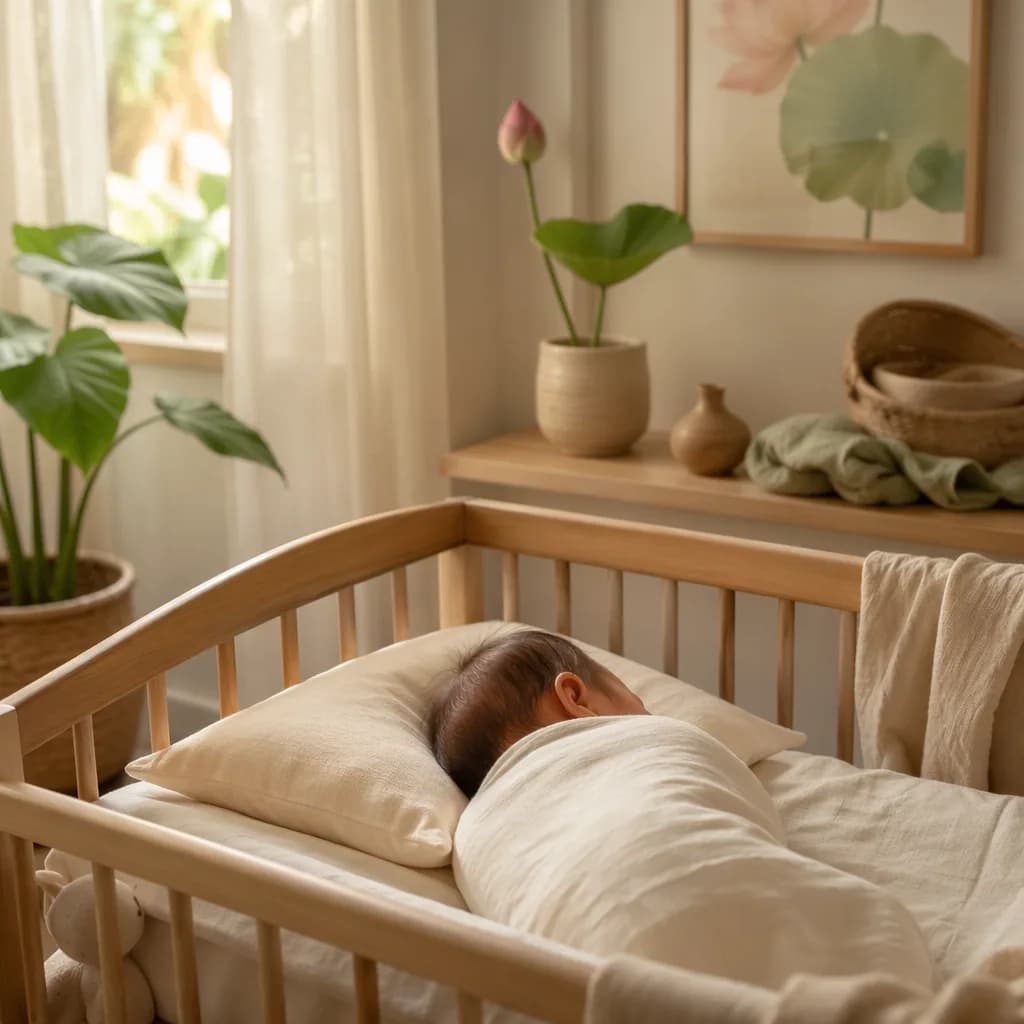 Peaceful Vietnamese-inspired nursery with a swaddled newborn, soft natural light, bamboo accents, and pastel decor.