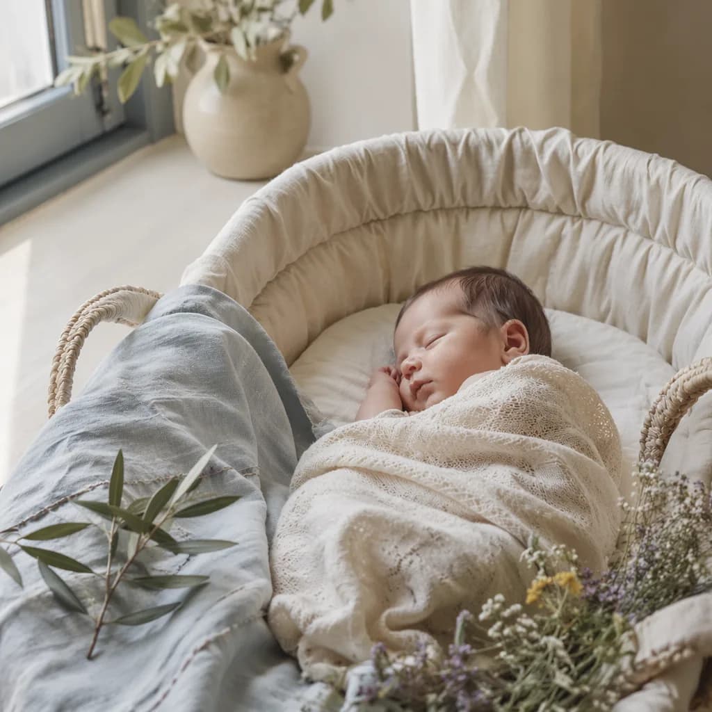 Serene Greek-inspired nursery scene with a newborn, olive branch, and soft blue-white linens.