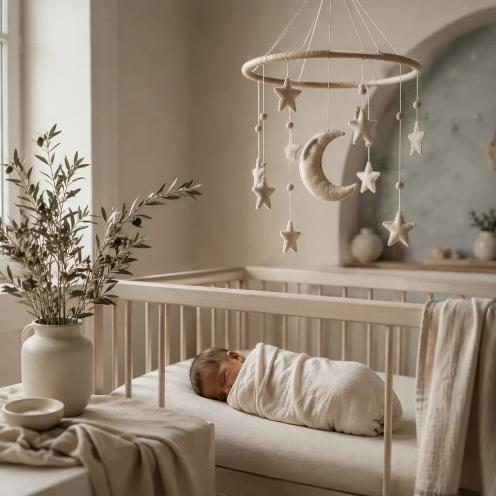 Sleeping newborn in a soft Greek-inspired nursery with olive branches and celestial decor.