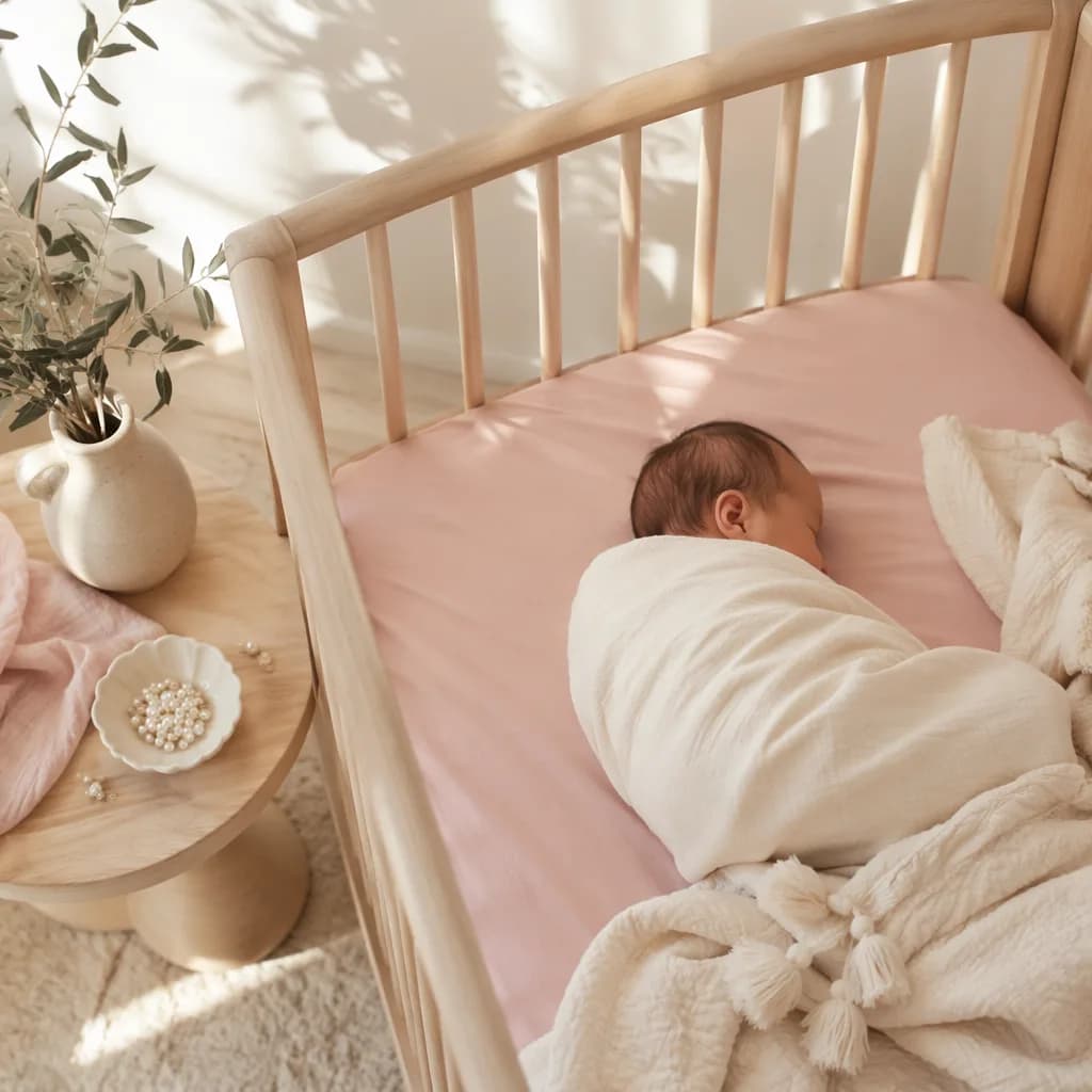 Soft pastel nursery with a swaddled baby, pearl keepsake, and gentle morning light.