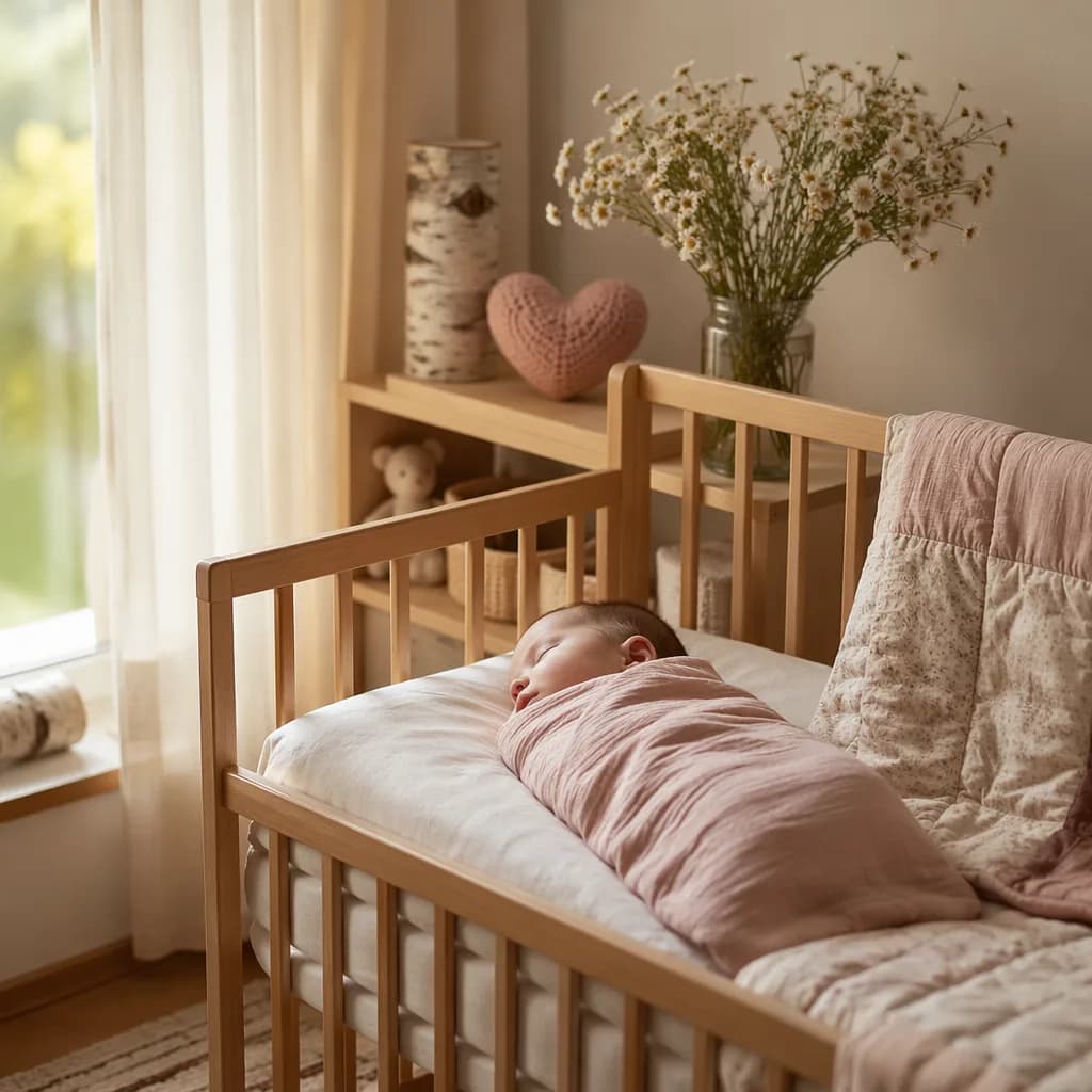 Sleeping baby in a soft pastel Russian-inspired nursery with a heart-shaped toy.