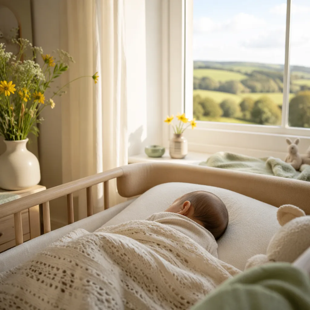Sleeping baby in a soft Welsh-inspired summer nursery with pastel flowers and natural light.