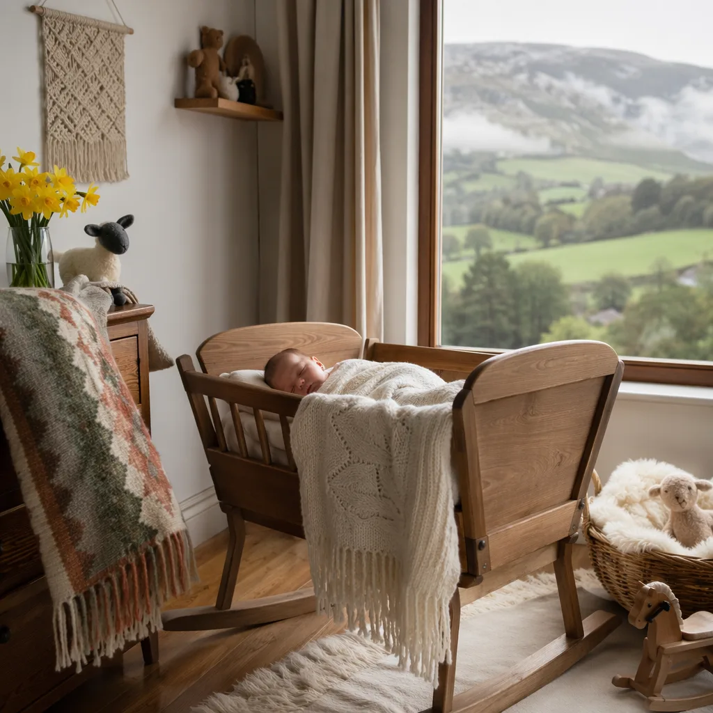 A peaceful Welsh-inspired nursery with a sleeping baby, daffodils, and soft natural light.