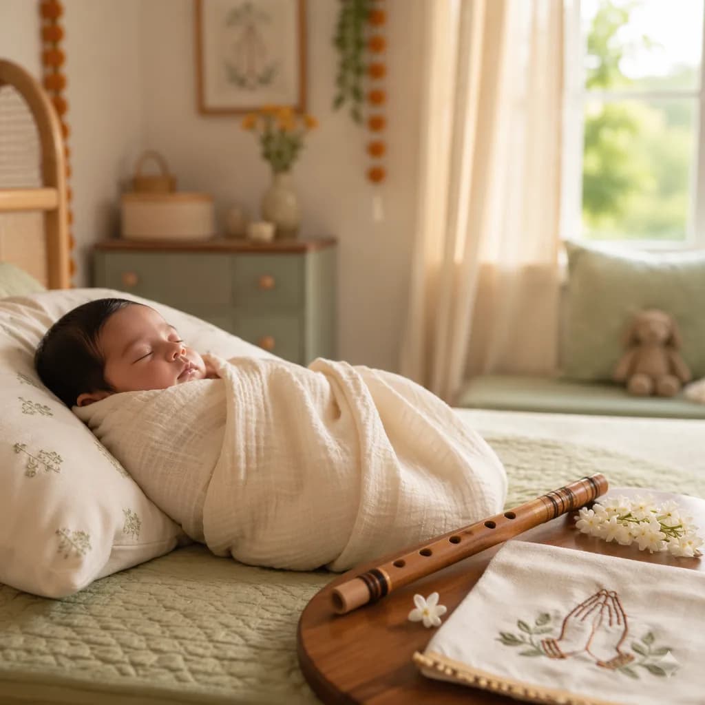 Soft pastel nursery scene with a sleeping baby, jasmine flowers, and a small wooden flute.