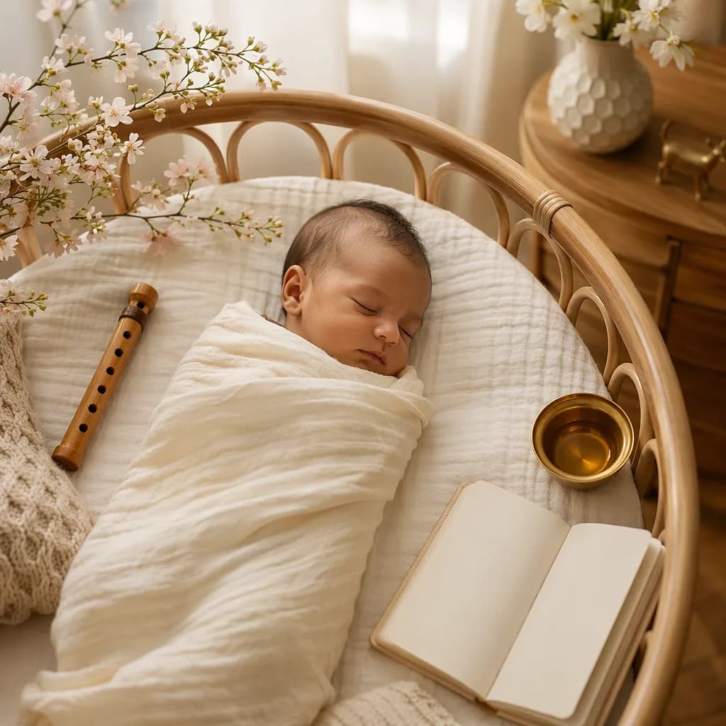 Sleeping baby in a soft pastel nursery with spring blossoms, a wooden flute, and a blank storybook.