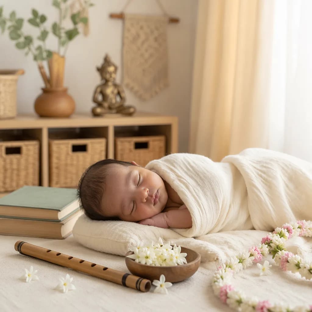 Sleeping baby in a soft nursery with jasmine, a wooden flute, and pastel spring accents.