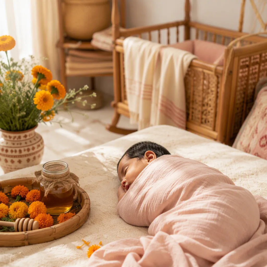 Sleeping Bengali baby in a soft pastel nursery with honey-gold flowers and cozy woven details.