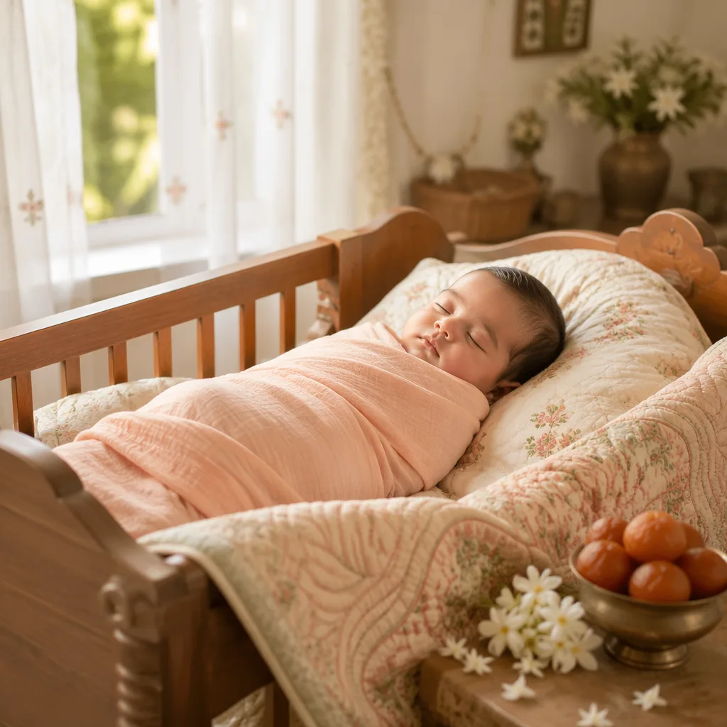 Sleeping Bengali baby in a cozy pastel nursery with jasmine and sweet symbolic details.