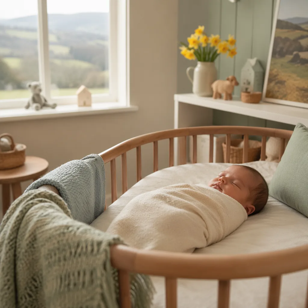 A softly lit cozy nursery with a swaddled baby and subtle Welsh-inspired details.