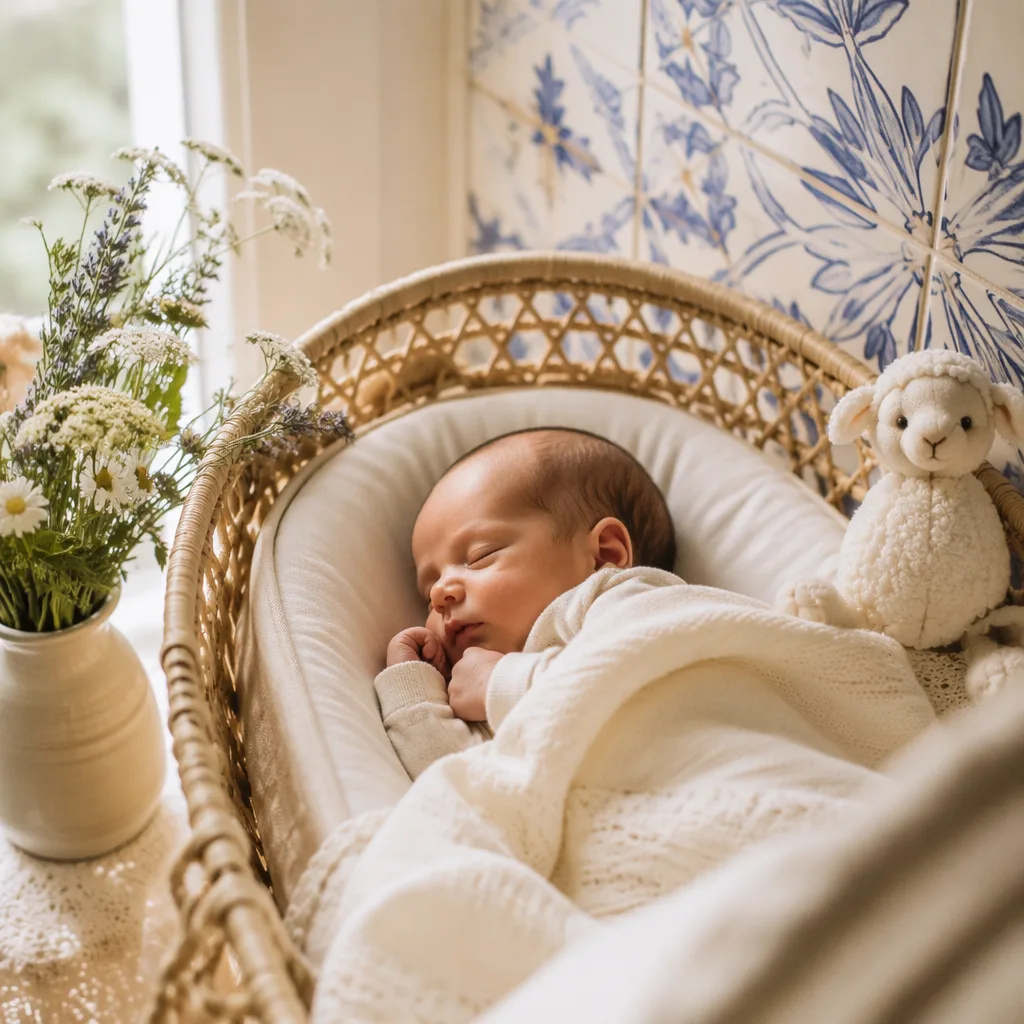 A sleeping newborn in a soft Portuguese-inspired nursery with a plush lamb and pastel decor.
