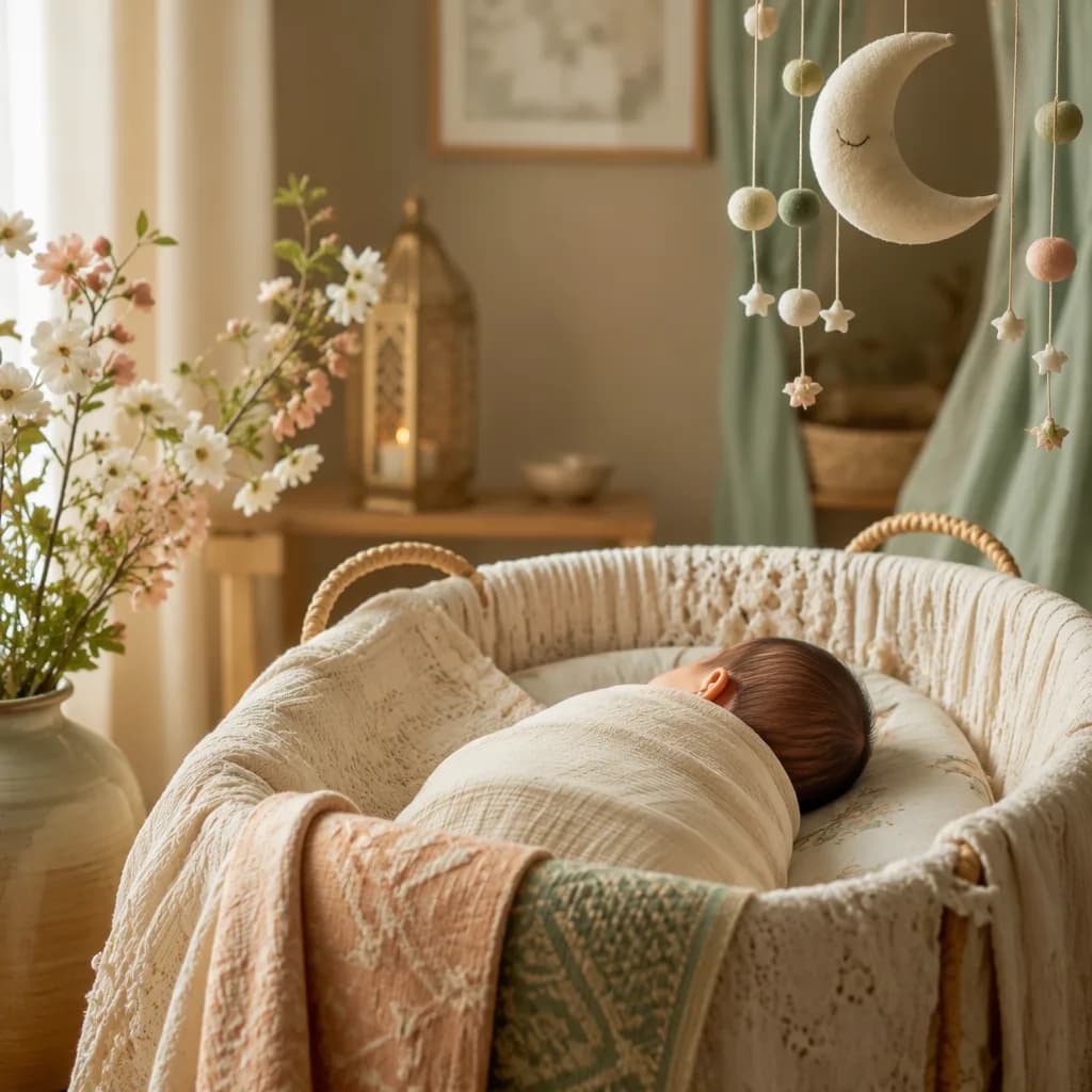 A peaceful newborn in a soft pastel nursery with a moon mobile and delicate blossoms.