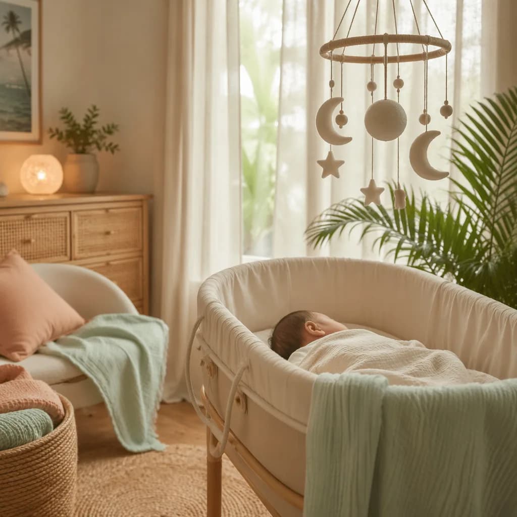 A peaceful pastel nursery with a sleeping baby, soft misty light, and gentle Hawaiian-inspired details.