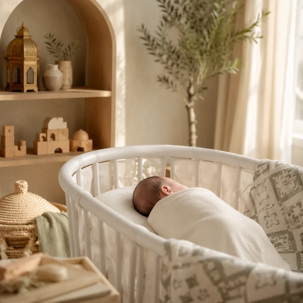A peaceful Arabic-inspired nursery with a sleeping newborn, soft pastels, woven decor, and gentle natural light.