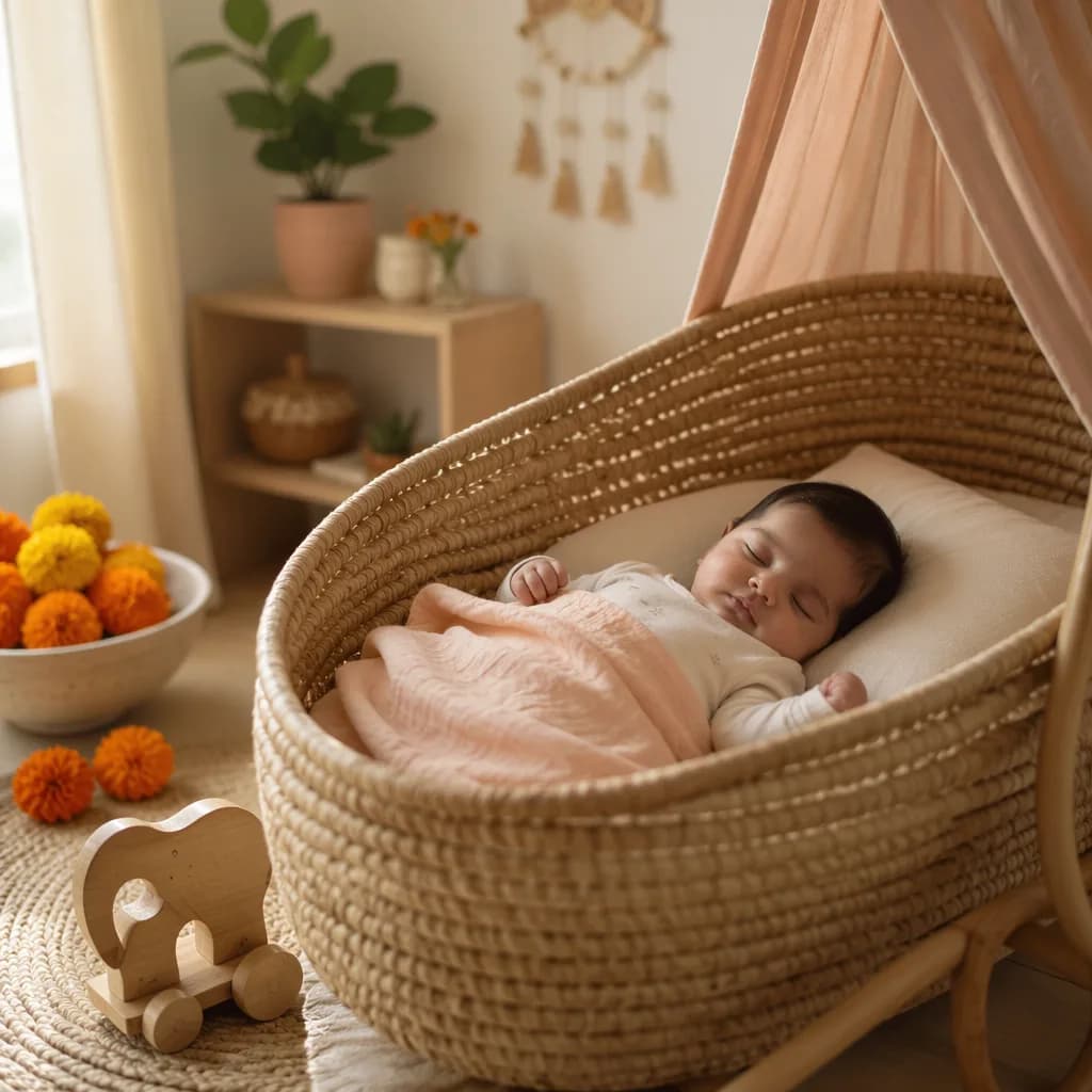 A peaceful baby sleeping in a soft pastel Indian-inspired nursery.