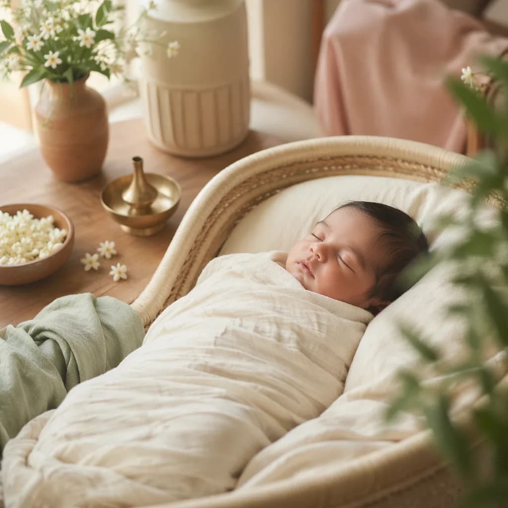 A serene swaddled newborn in a soft pastel nursery with earthy, Sanskrit-inspired details.