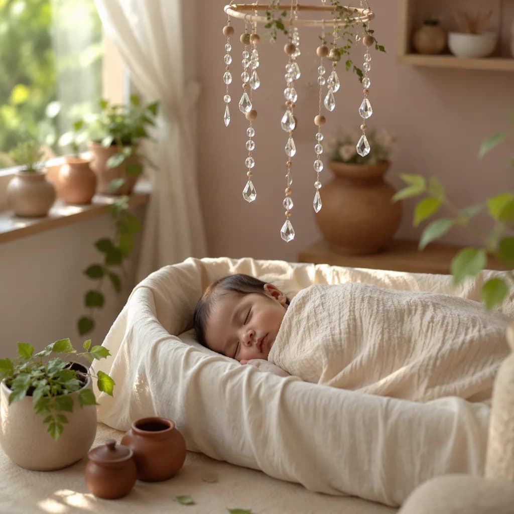 A peaceful pastel nursery with a swaddled baby, greenery, clay accents, and soft morning light.