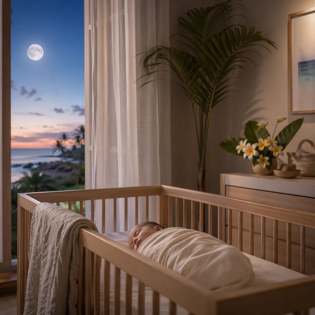 A peaceful pastel nursery with a swaddled sleeping baby in soft moonlight.