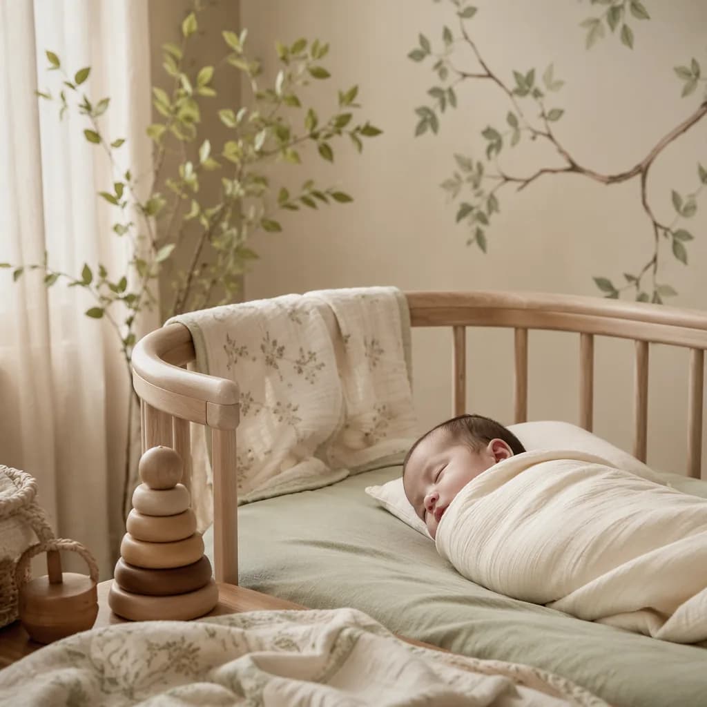Sleeping Bengali baby in a soft nursery with leafy branch decor and warm natural light.