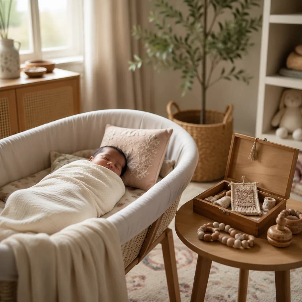 Peaceful baby in a soft pastel nursery with subtle artistic details symbolizing talent and skill.