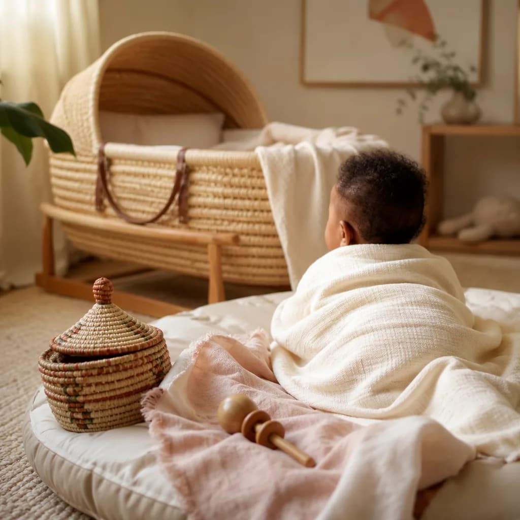 Soft nursery scene with an Ethiopian baby in a woven bassinet, evoking Mahlet’s meaning of hymn or praise.