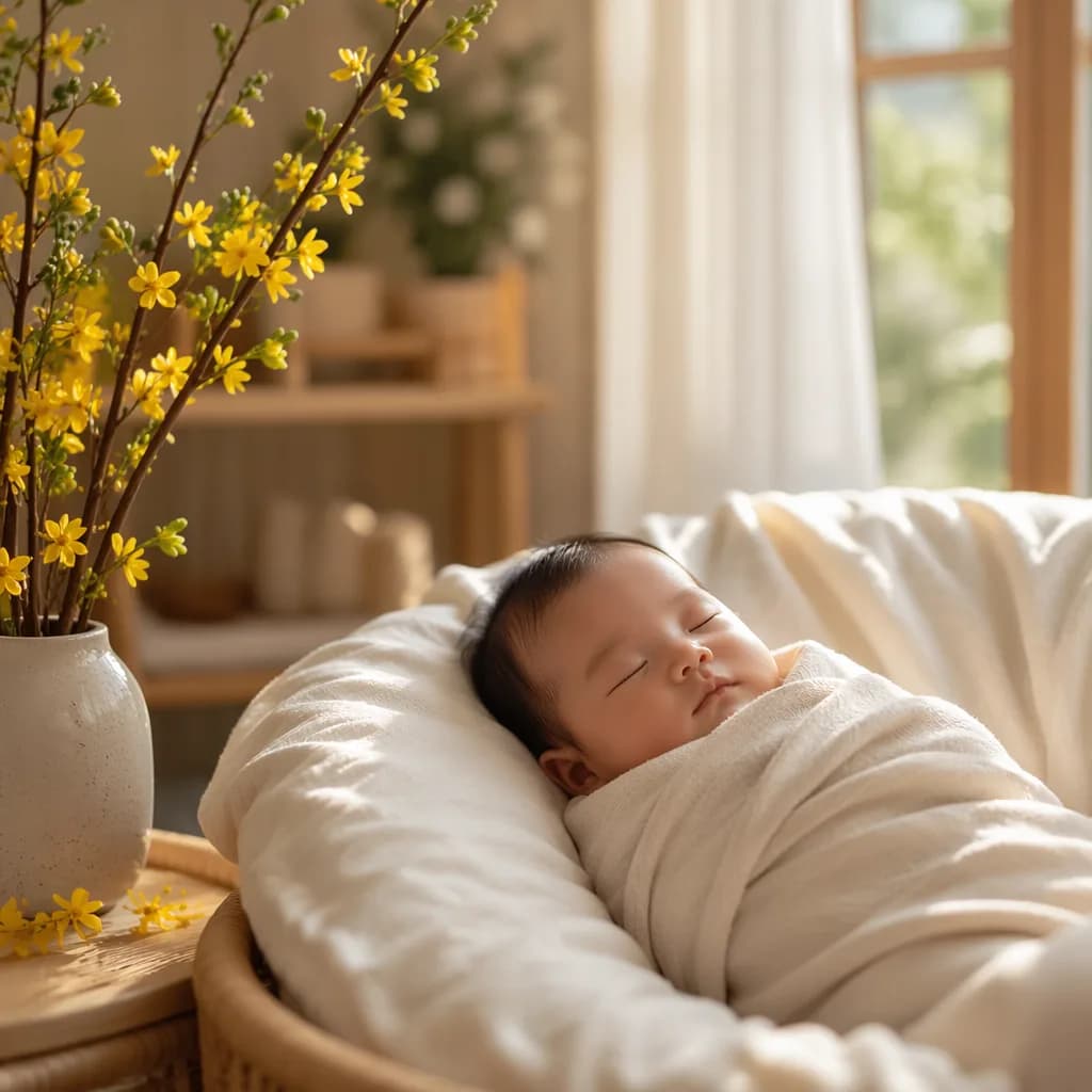 Sleeping baby in a soft nursery with yellow mai blossoms.