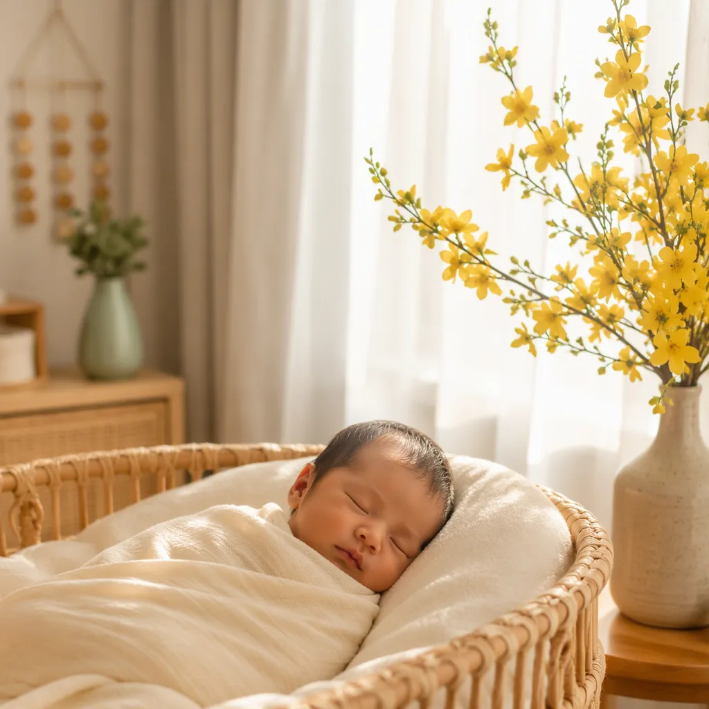 Sleeping swaddled baby in a softly lit nursery with yellow mai blossoms.