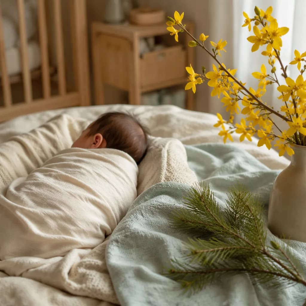 Sleeping newborn in a soft nursery with mai blossoms, blue-green blanket, and pine sprig.
