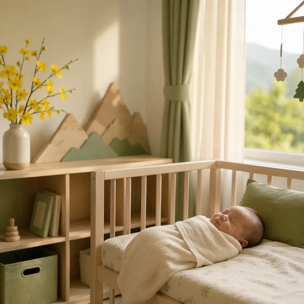Soft nursery scene with a swaddled baby, yellow mai blossoms, and gentle mountain decor.