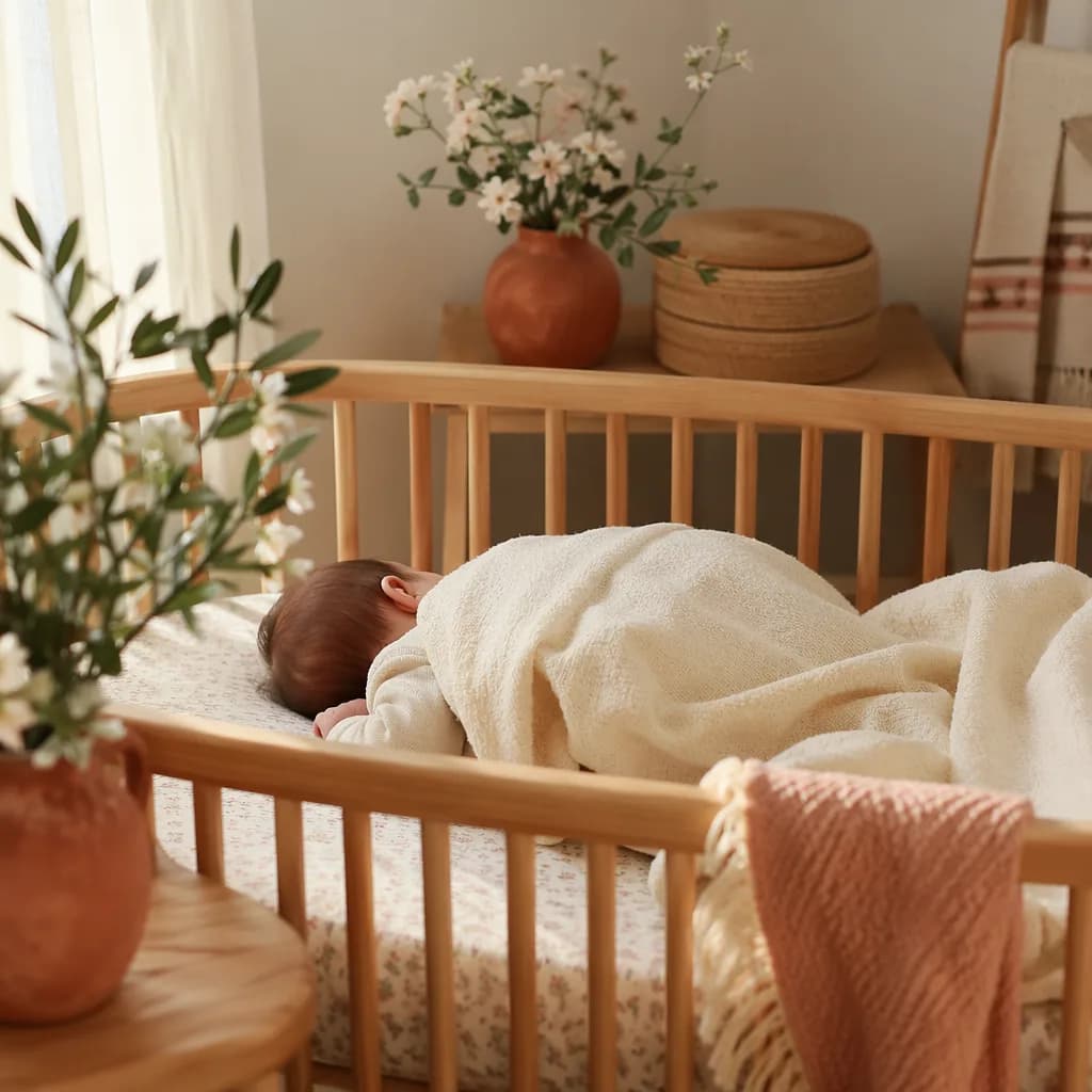 A peaceful Spanish-inspired nursery with a swaddled sleeping baby and soft spring floral accents.