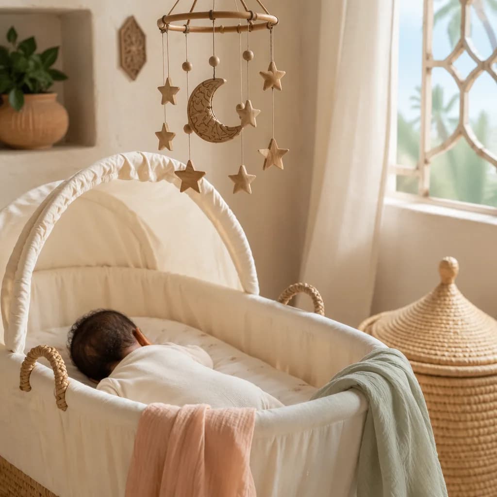 A peaceful baby sleeping in a soft pastel Swahili-inspired nursery with moon and star decor.