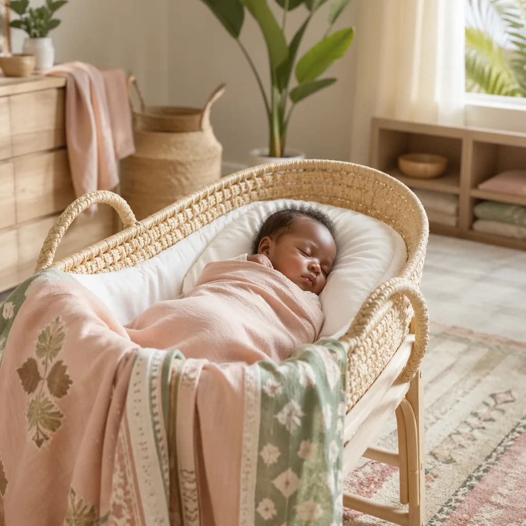 Peaceful baby in a soft pastel nursery with woven Swahili-inspired details.