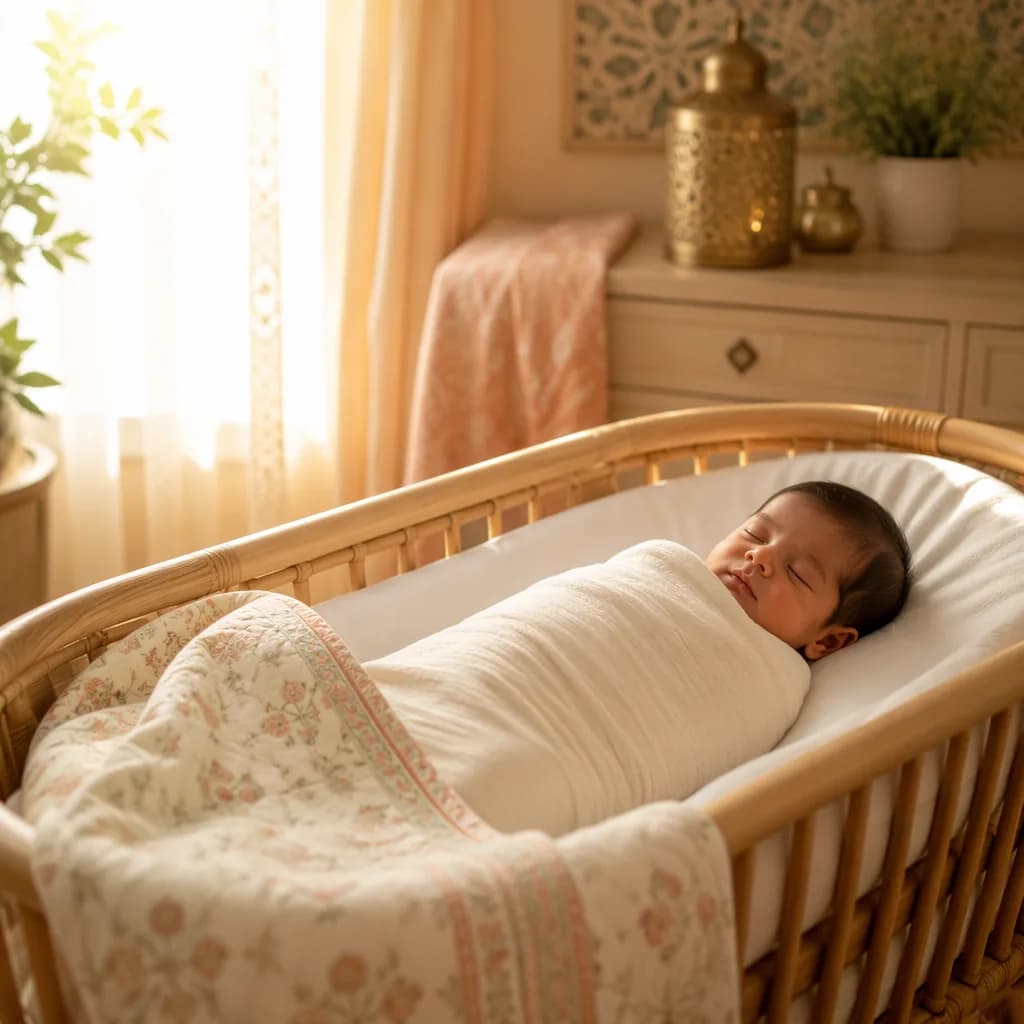 A softly lit cozy nursery with a swaddled sleeping baby and gentle South Asian-inspired decor.