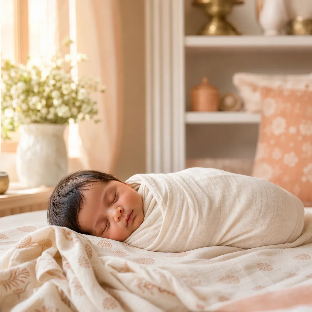 Sleeping newborn in a soft pastel nursery with gentle Indian-inspired decor.