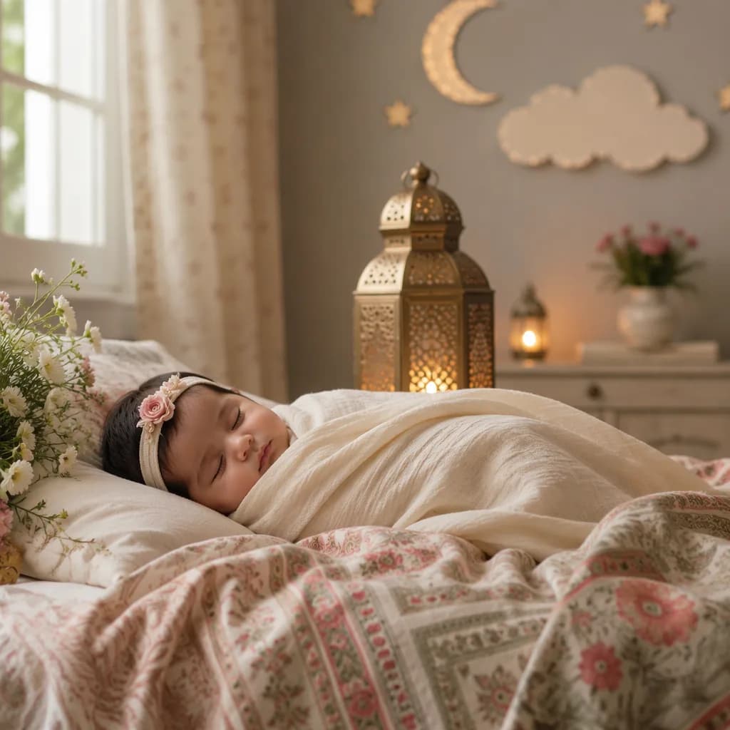 Sleeping baby in a soft pastel nursery with flowers and gentle South Asian-inspired details.